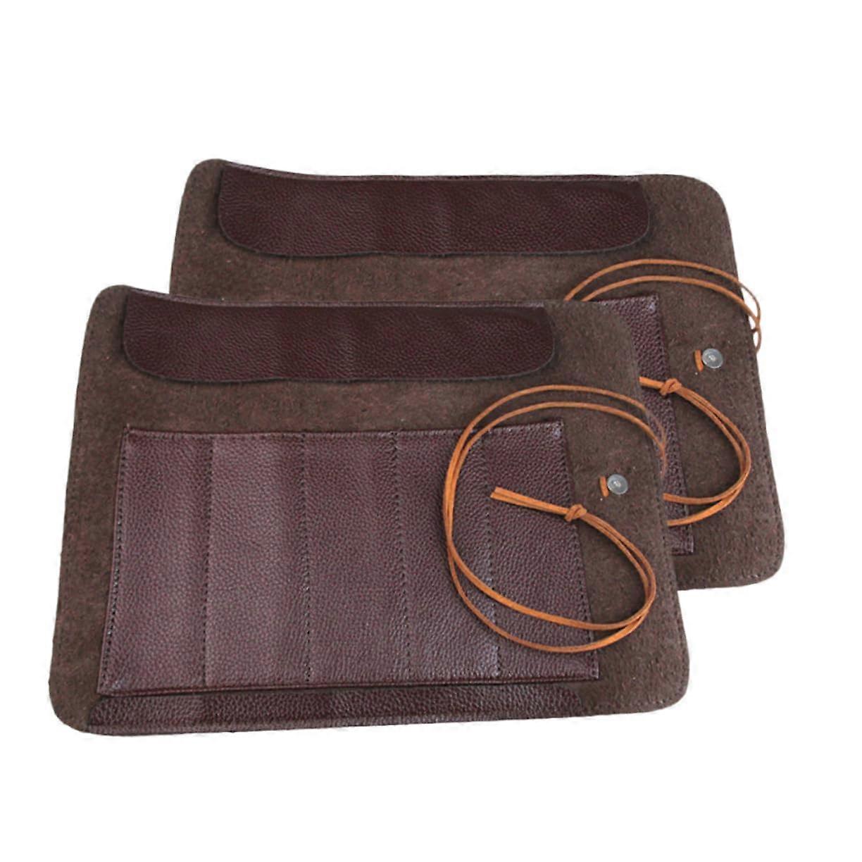 Chef Knife Roll Bag Leather MultiPocket Organizer for Carving Tools and Outdoor Use, 2pcs Brown