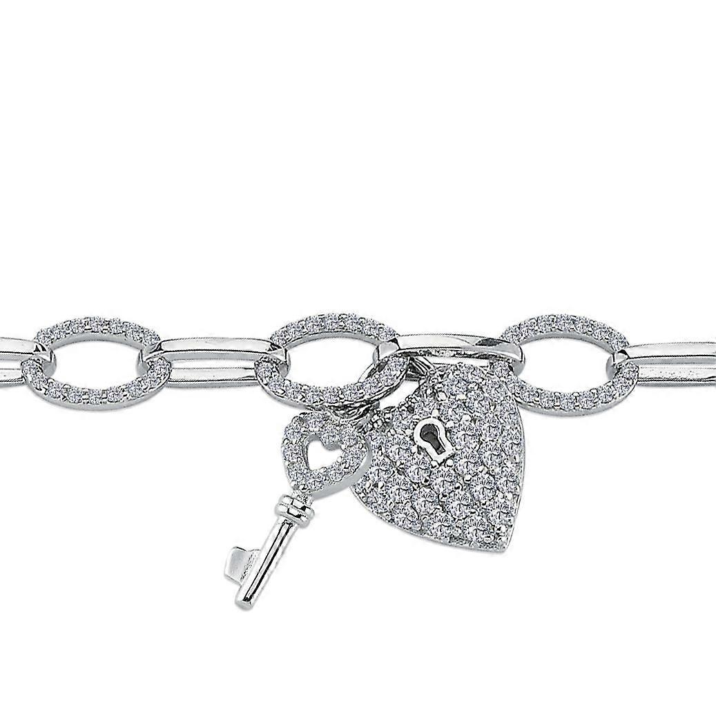 Jewelco London Ladies Rhodium Plated Sterling Silver CZ Key & Love Heart Padlock Oval Belcher Charm Bracelet, 7.5"