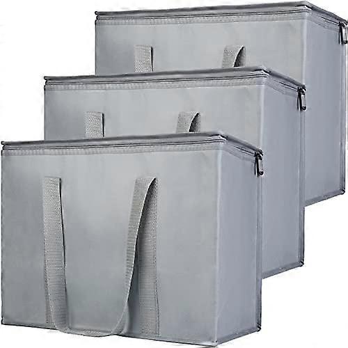 3-Pack Insulated Reusable Grocery Shopping Bag, X-Large Frozen Food Cold, Cooler Bags with Secure Top, Insulated Food/Pizza Delivery Bag, Gray