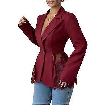 Women'S Floral Lace Mesh One Button Lapel Neck Long Sleeve Elegant Blazer Wine Red M