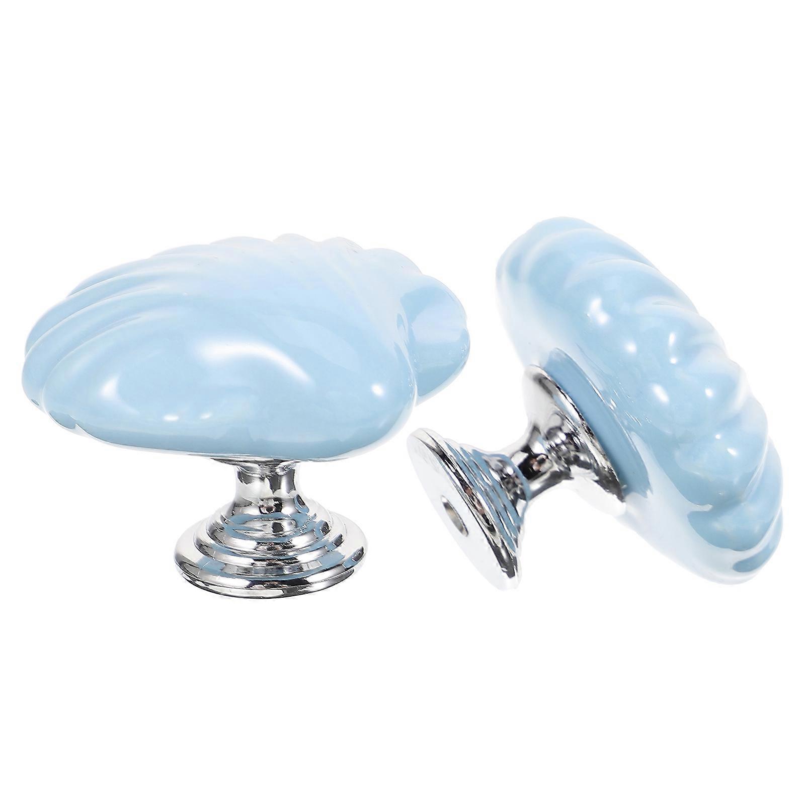 Blue Ceramic Shell Shaped Cabinet Knob for Home Use 2Pcs Pull