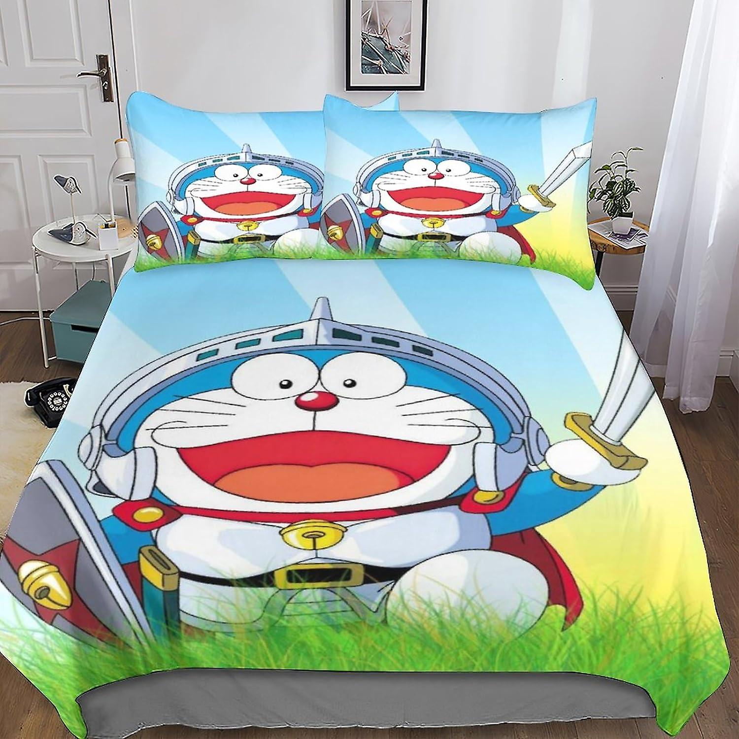 EKENOZ Doraemon påslakan set 3D-tryckt, mjukt mikrofiber tecknat täcke 3 stycken med dragkedja Täcke Täcke Och Pillwocase för barn