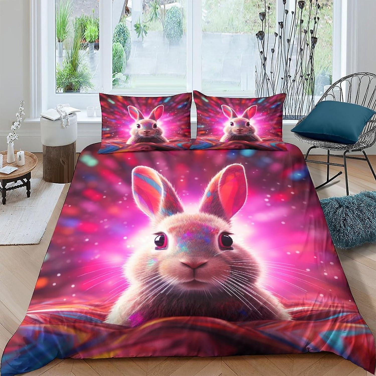 Trendy Rabbit 3D Digital Print Bedding Sets with Pillowcase Duvet Cover Ss Soft Microfiber 3 Piece Set Art Cool Quilt Cover with Zipper Closure