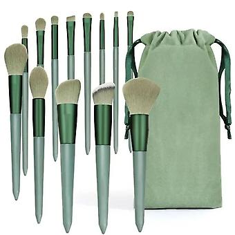 Green Kabuki Brush Set - 13 Premium Synthetic Makeup Brushes For Eyes, Face & Blush With Travel Bag Compatible. Ideal For Eyeshadow, Eyeliner, Powder