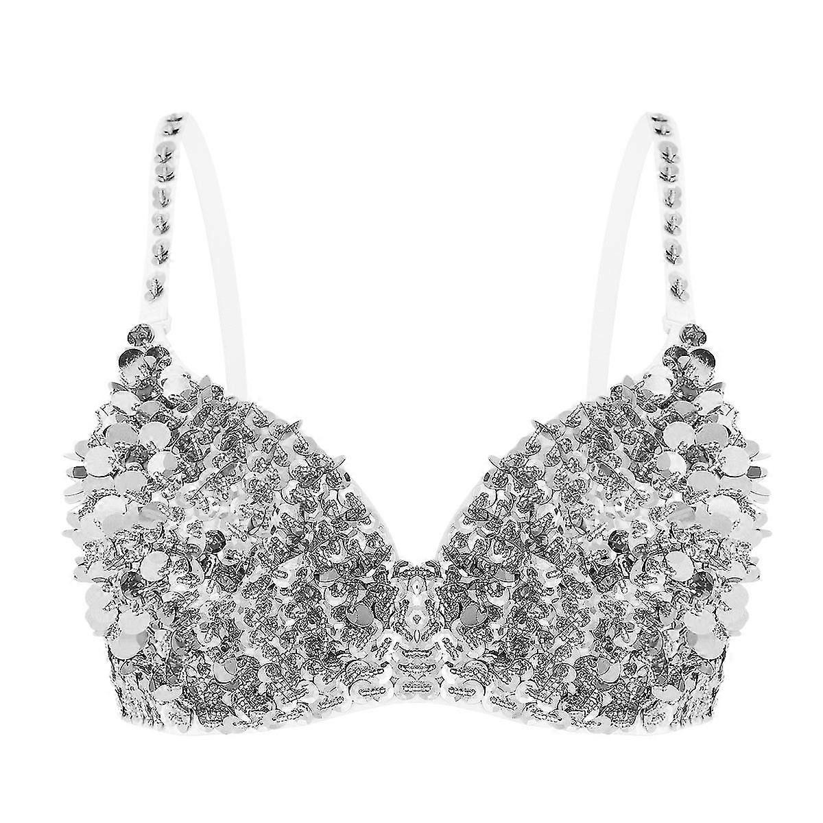 thumbnail image 2 of Silver Bra JUMISEE Women Sparkly Rhinestone Butterfly Crop Top Sexy Satin V Neck Bakless Lace Up Cami Tank Top For Rave Festival At Women's Clothing Store Silver Rhinestone Bra 2 of 10
