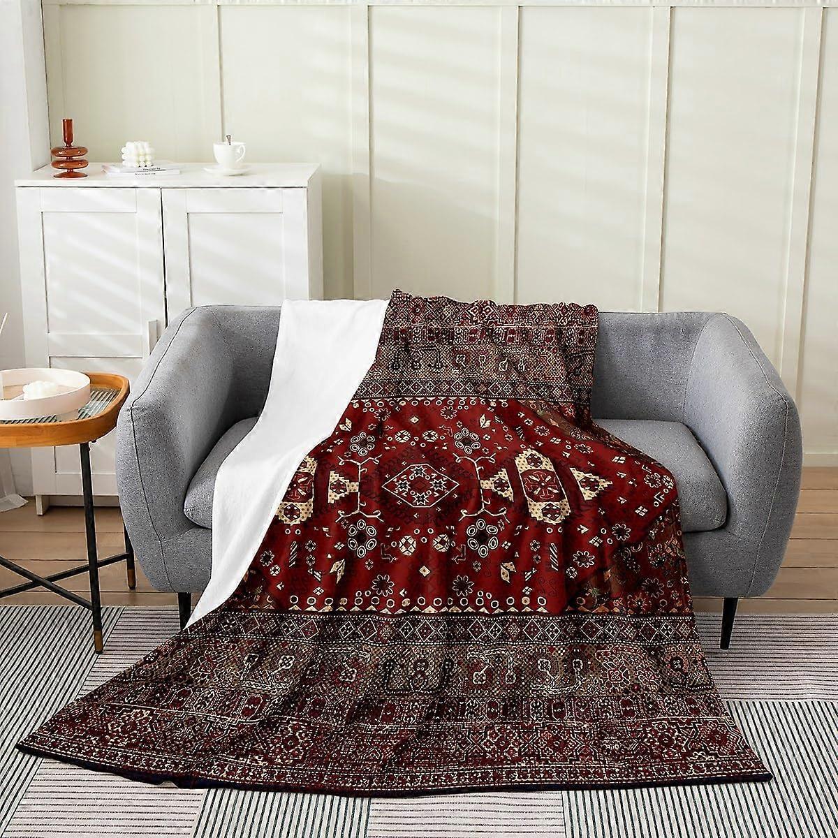 Boho Tribal Κουβέρτα Twin 60x80 ιντσών, Retro Exotic Throw Blanket, Vintage Lattice Bohemian Fleece Blanket, Dark Red Antique Grid Damask Inspired Medall