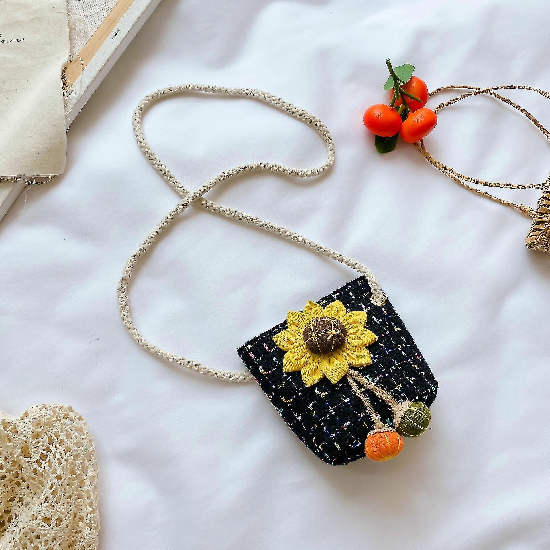Çocuklar için dokuma omuz çantası, cüzdan, sevimli şekil 12 * 17 cm (siyah + ayçiçeği)