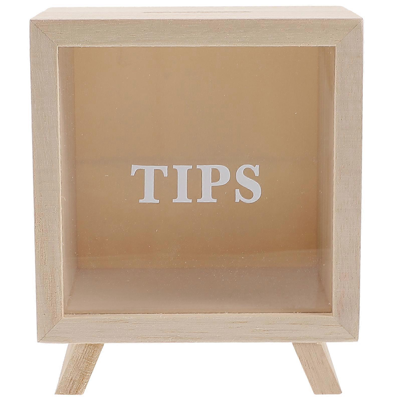 Wood Money Bank Wooden Tip Box Display Case Piggy Bank Coffee Shop Tip Jar