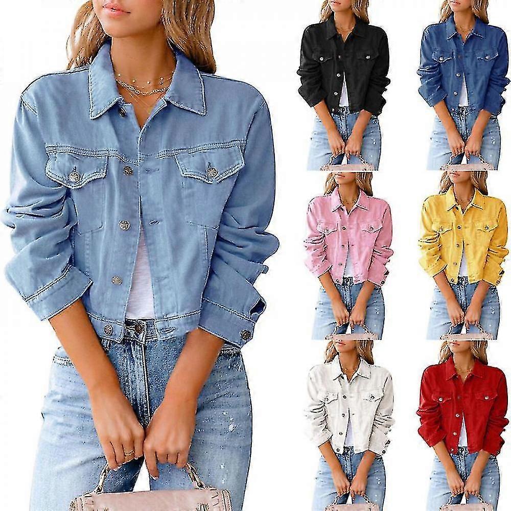 Naisten Basic Button Down Stretch Istuva Pitkähihainen Denim Jean Jacket GKE