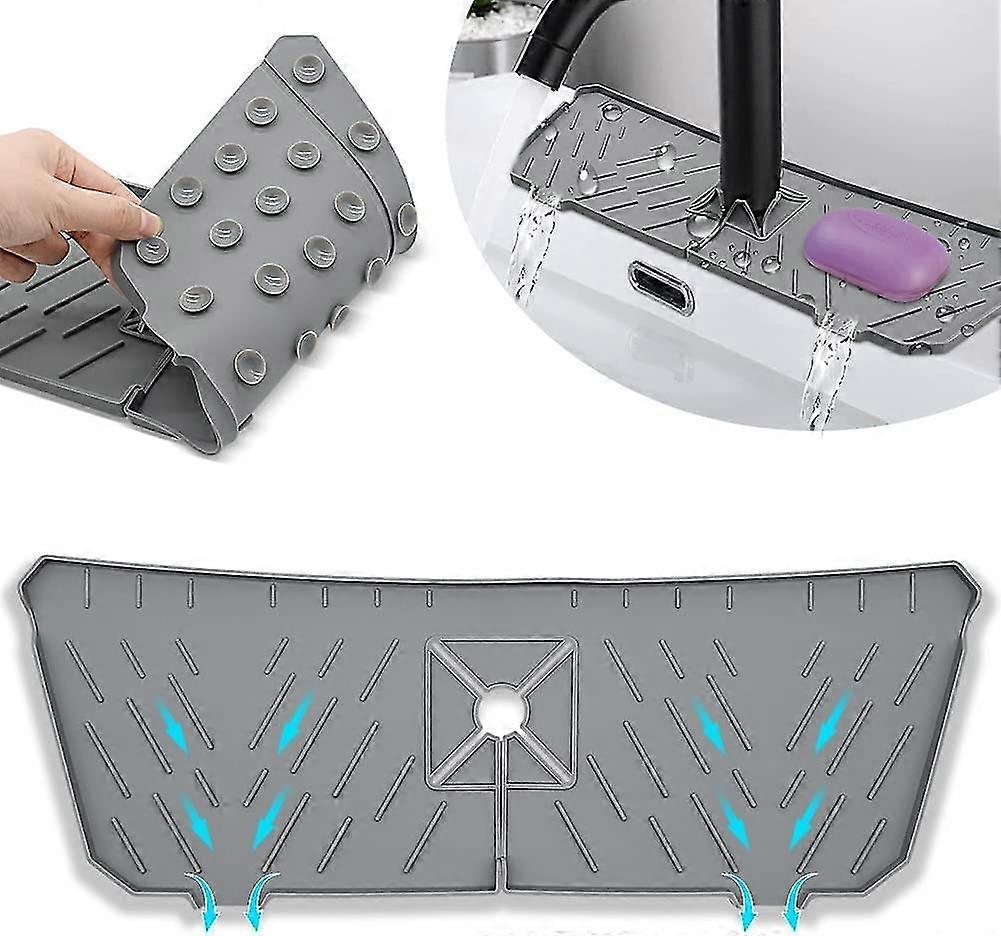 Faucet Sink Splash Guard Silicone Mat With Suction Cup (grey)