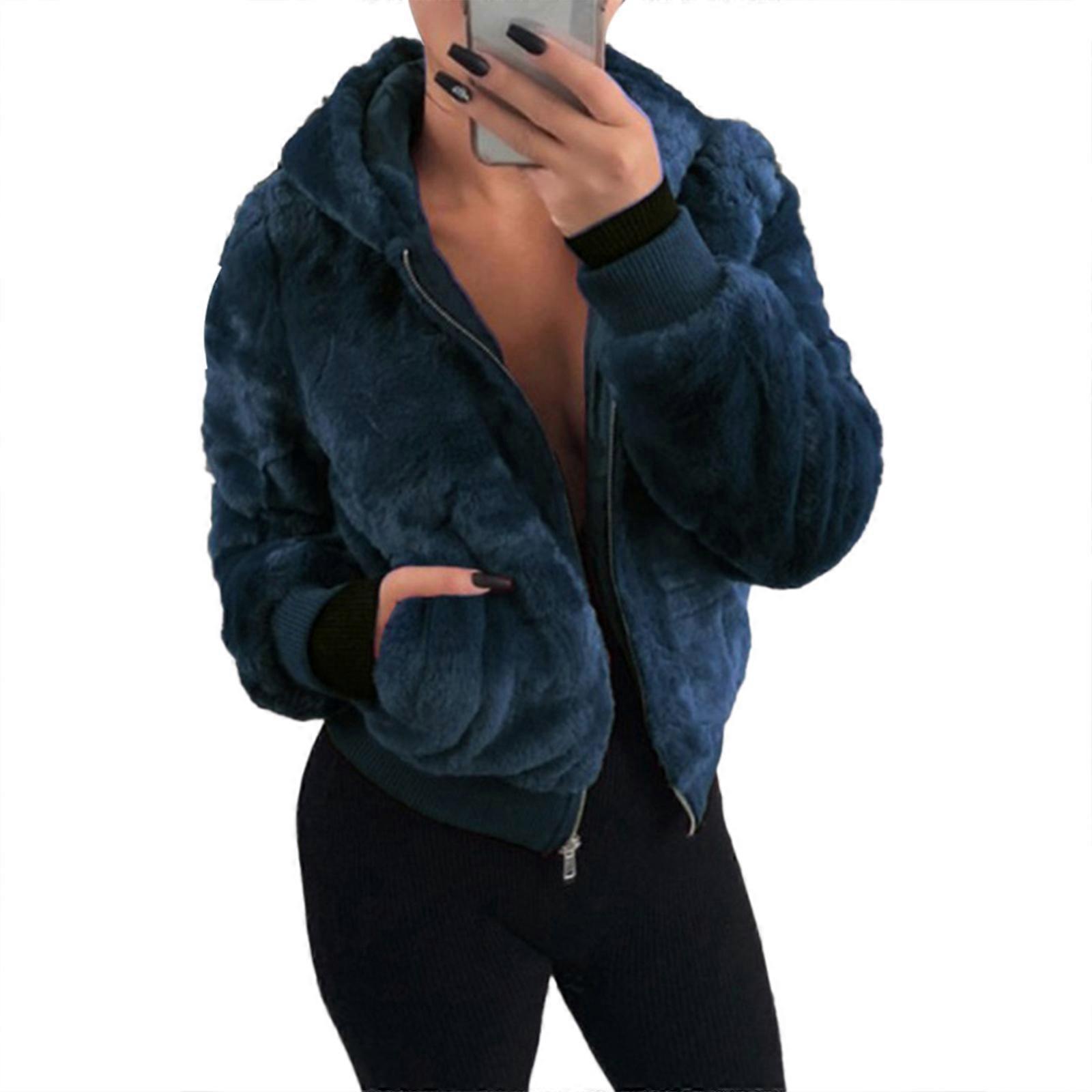 Rabbit Fur Faux Plush Jacket Long Sleeve Hooded Thick Warm Winter Coat