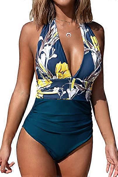 Floral and black striped one-piece swimsuit European and American sexy print one-piece swimsuit size L