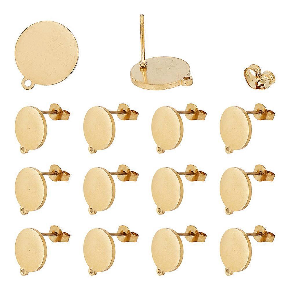 10Pairs 304 Stainless Steel Stud Earring Findings with Horizontal Loops Flat Round Golden 14x12mm Hole: 1mm Pin: 0.7mm