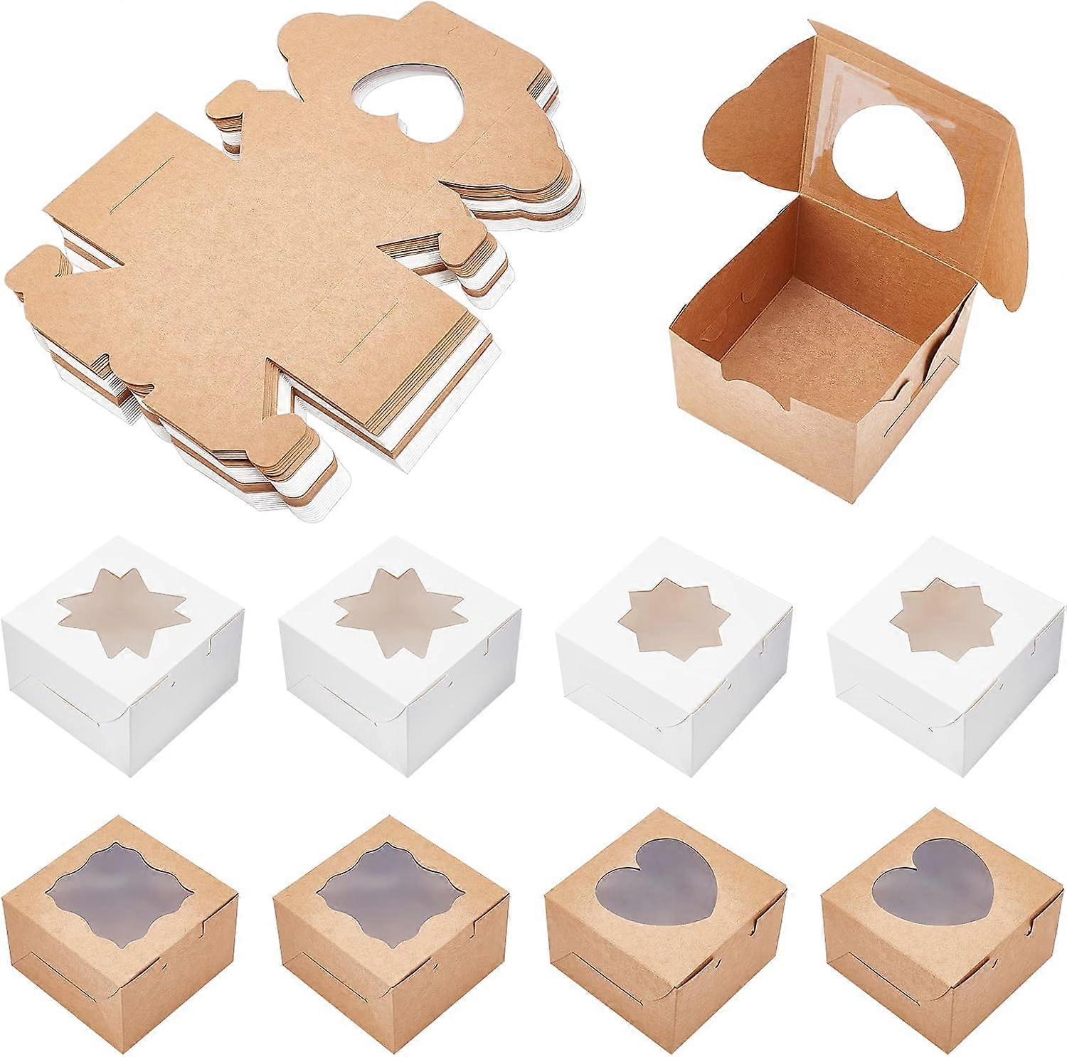 36 Pcs 4 Styles Square Kraft Paper Boxes with Window Bakery Candy Boxes Gift Packaging Container with Square/Heart/Flower/Star Shape Window for Weddin