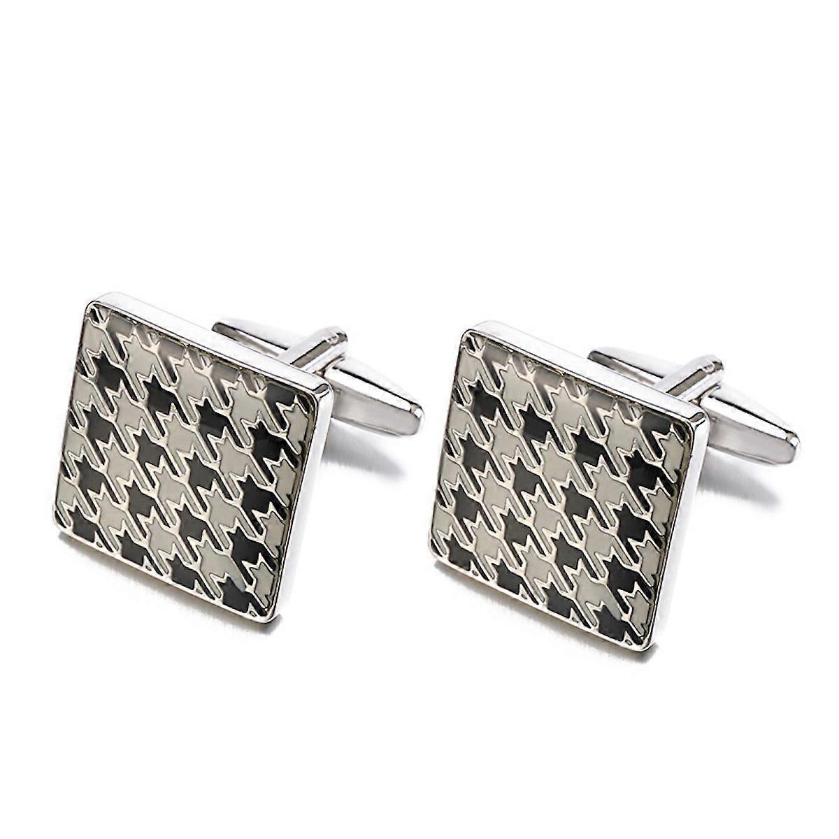 1 Pair Man's Business Shirt Studs Squared Cufflinks Silver Coloured Plated Plaid Pattern Cufflinks