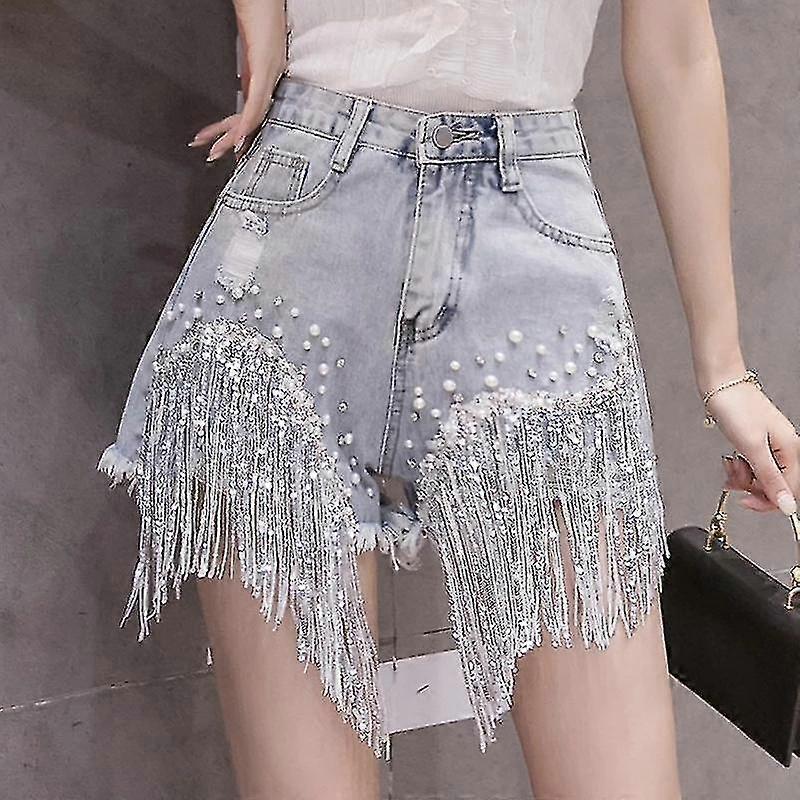 מכנסיים קצרים אלגנטיים ליידי ציצית חרוזים גבוהים מותניים רחבים רגל מכנסי ג'ינס קצרים