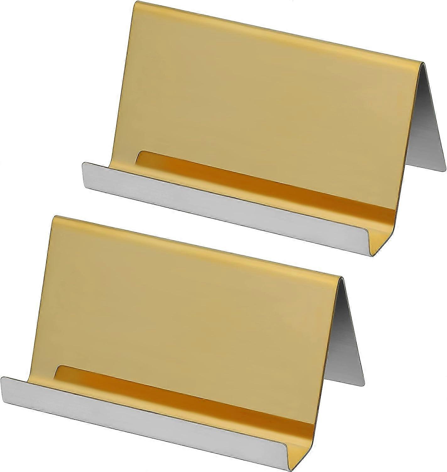 Stainless Steel Metallic Business Card Holder (Set of 2) - Up to 30 Cards - Gold Business Card Display - Business Card Storage for Desk, Name Holder o