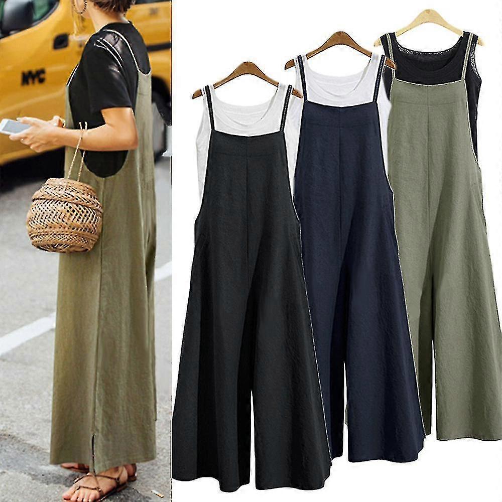 Casual Loose Jumpsuit Women Summer Solid Cotton Linen Straps Wide Leg Pants Dungaree Bib Overalls Sleeveless Oversized Jumpsuits