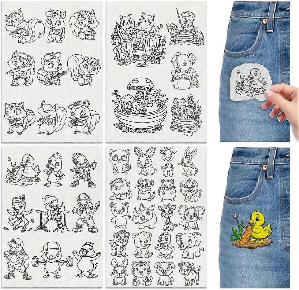 Hobbspring 4 Sheets Animal Water Soluble Embroidery Stabilizers 11.69x8.27 Inches Stick and Stitch Embroidery Paper with Pre-Printed Fox Duck Rabbit P