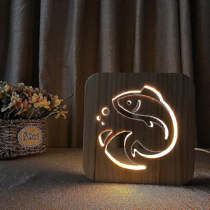 led wood carving night light usb power goldfish pattern t