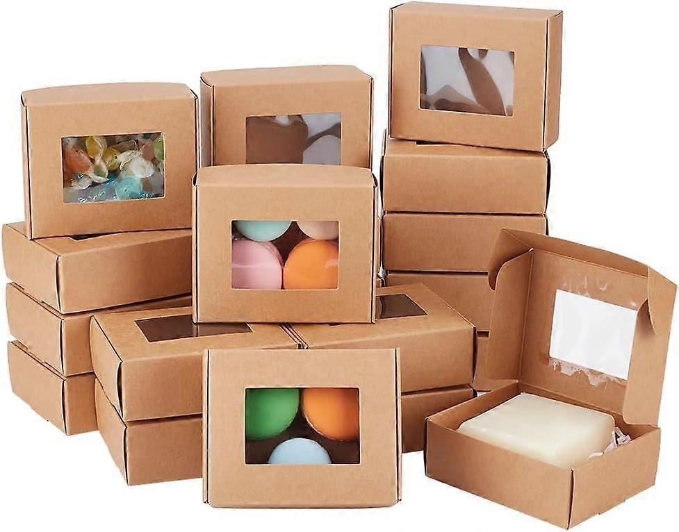 20 Packs Kraft Paper Box 4x3.2x1.5 Inch Brown Candy Gift Boxes Rectangle Treat Boxes with Clear Window for Display Cookie Donut Wedding Package Suppli