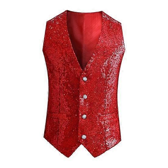 Men Vest Shiny Sequin Sleeveless Slim Fit Cardiagn Single-breasted V Neck Adjustable Back Buckle