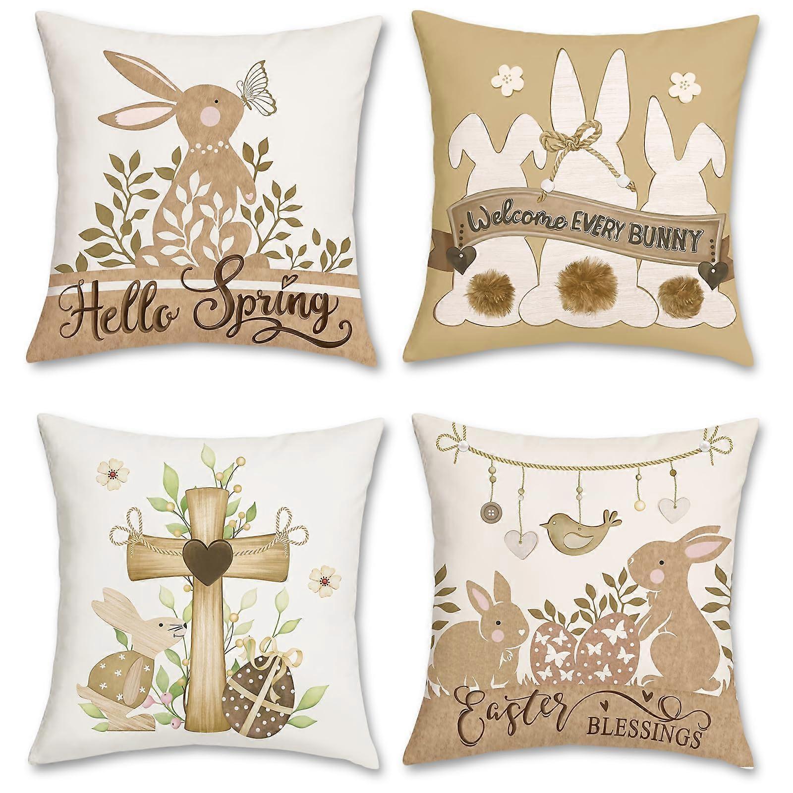 Set of 4 Velvet Easter Pillow Covers 18x18 Inches - Spring Bunny and Egg Decorative Cushion Cases for Home Decor