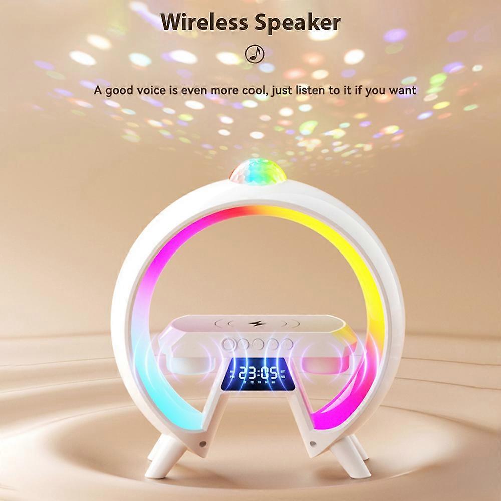 Wireless Speaker BT Portable Speaker Phone Wireless Charger with Atmosphere Lamp Time Display/Call Function/Alarm Clock for Study Bedside Bedroom Hom