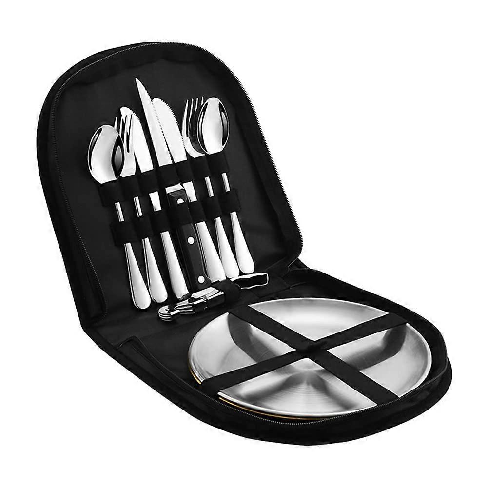 Metal Camping Utensil Set, Camping Silverware Set for 2, Reusable Travel Cutlery with Case Include Knife Fork Spoon Dish and Cap Opener