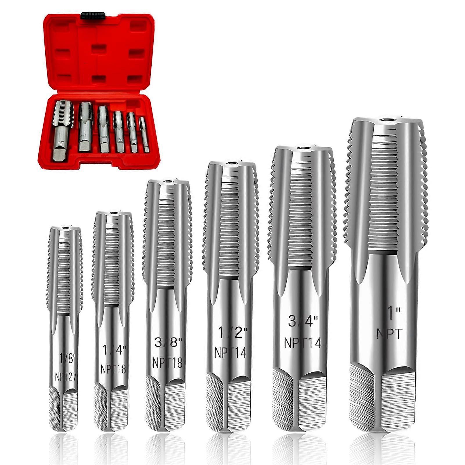 6Piece NPT Pipe Tap Set, 1in 3/4in 1/2in 3/8in 1/8in 1/4in Thread Tapping Tool Kit for PVC Pipe