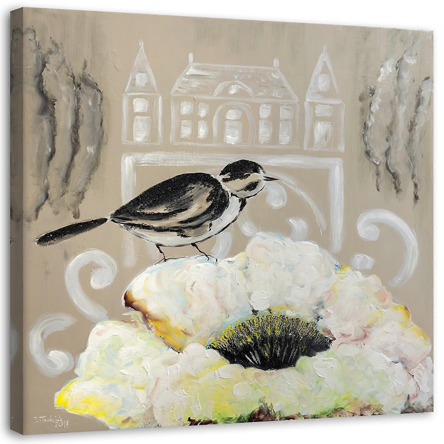 Impression sur toile, Fleur blanche et oiseau noir - 30x30