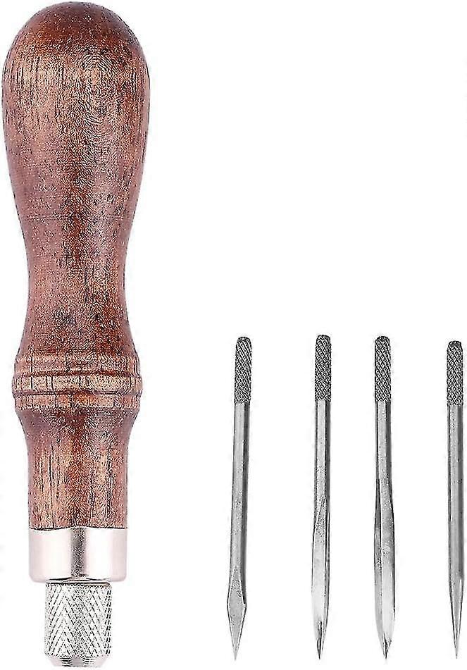4-in-1 Multi-Function Wooden Handle Leather Sewing Awl for DIY Leathercrafting and Hole Punching