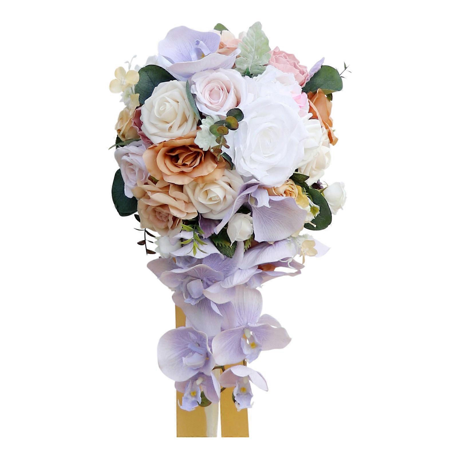 Bouquets de mariage faits à la main Bouquet de fleurs de rose artificiel Mariée Demoiselle d’honneur Tenant une fleur avec un long ruban pour l’église