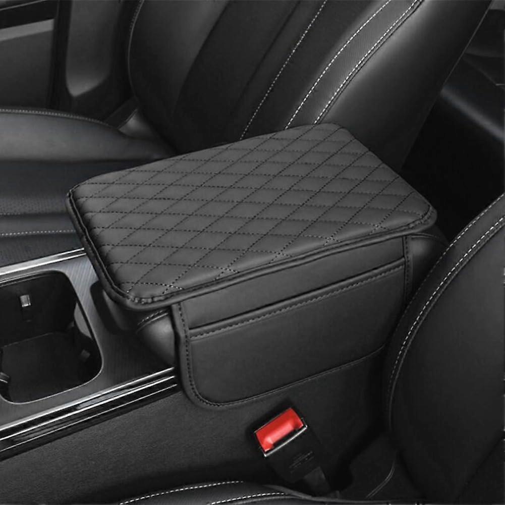 Car Armrest Box Cushion,Leather Car Armrest Box Heightening Pad with Side Storage Bag, Universal
