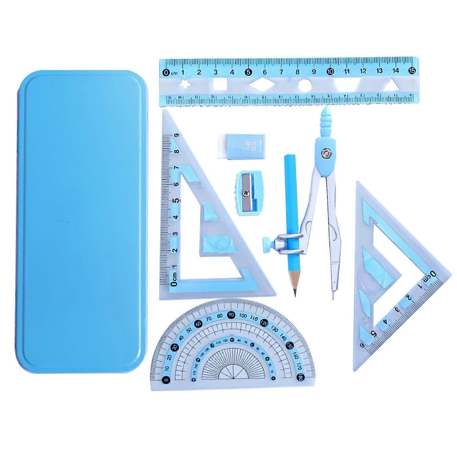 Math Compass and Protractor Set Blue, Swivel-Arm Protractor, Geometry Drawing Tool With Ruler, Eraser And Sharpener