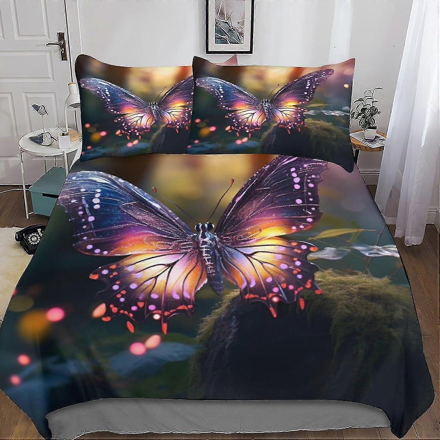 Conjunto de capa de edredom de borboleta de flor colorida, conjunto de cama de microfibra 3D com fronhas, 3 peças, capa de edredom com zíper
