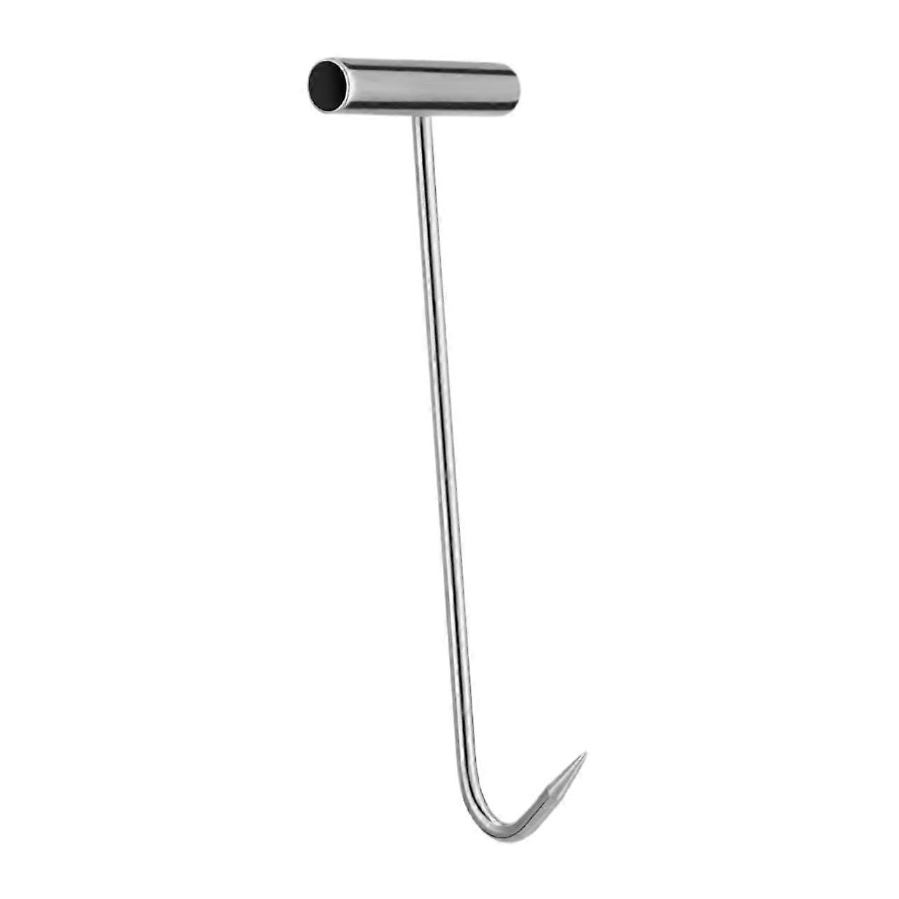 Forkshaped metal manhole cover lifter, versatile hook for easy handling, lightweight and ergonomic for drain covers and material transport.