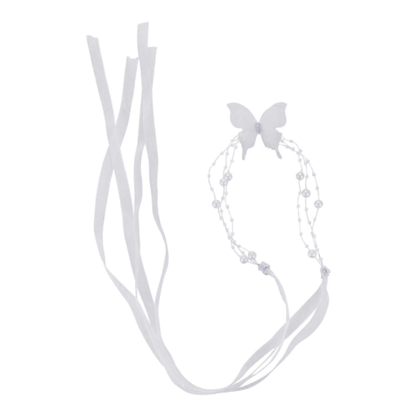 Delicate Butterfly Statement Necklace With Long Ribbon Strands, Pearl Accent, White Collarbone Chain