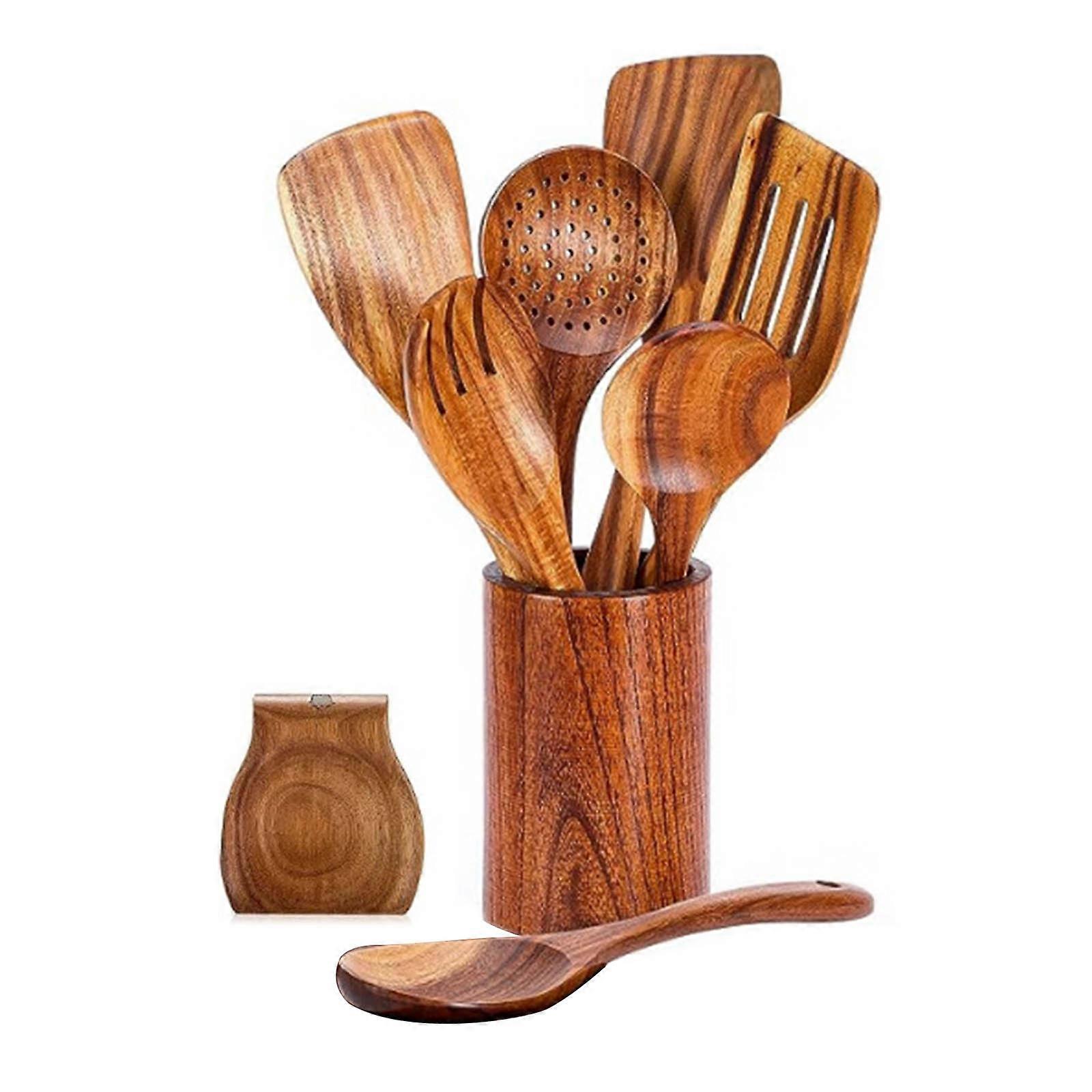 9Pieces Wood Serving Tool Set Slotted Turner Long Handle Cooking Shovel Wood Texture Cooking Sppon for Everyday Use Multicolor