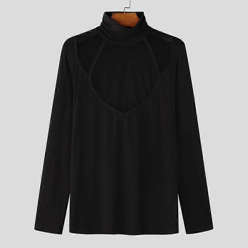 INCERUN Men Turtleneck Mesh Tops Patchwork Long Sleeve Skinny Undershirts