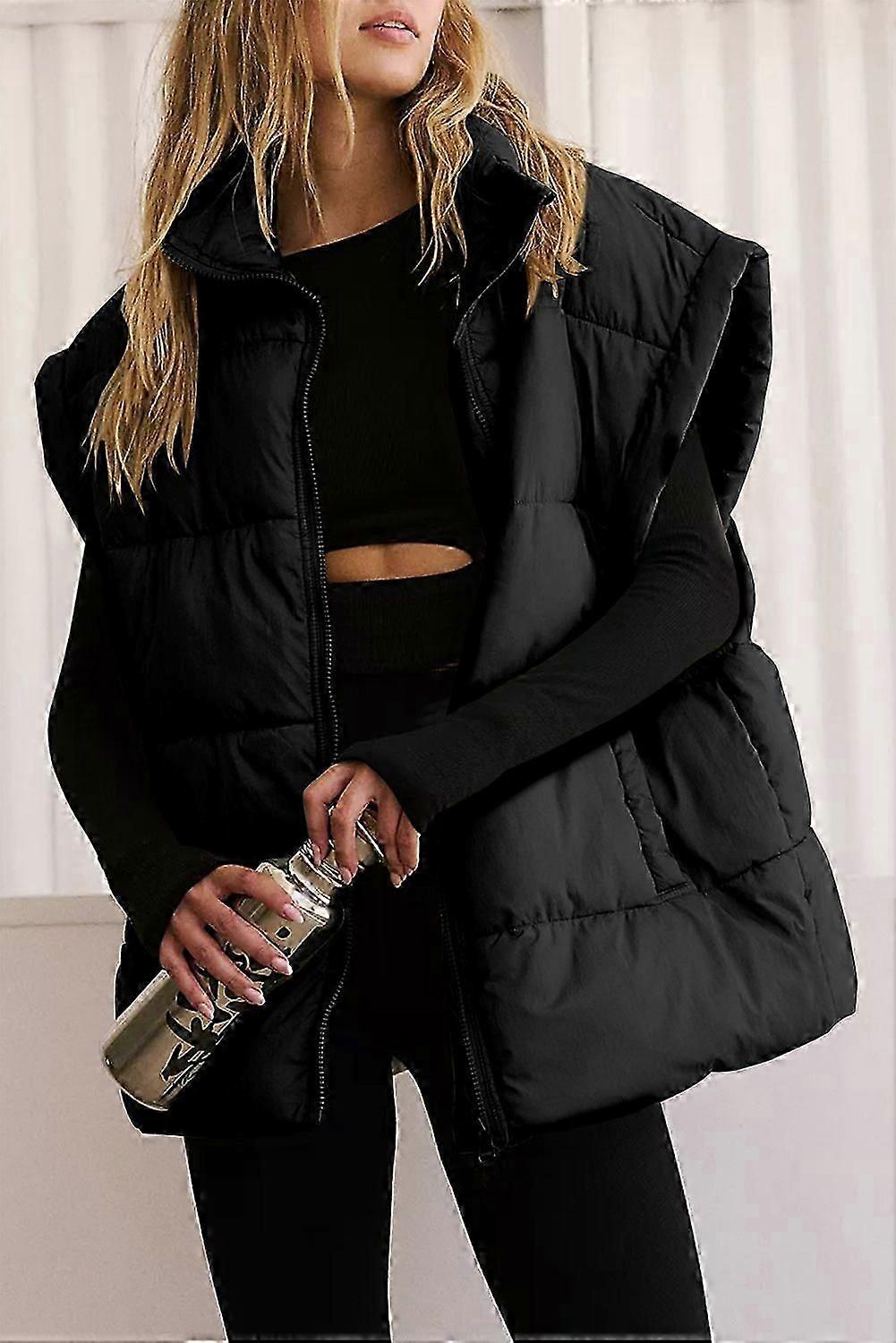 Women's Black Solid Zipper Stand Neck Oversized Puffer Vest