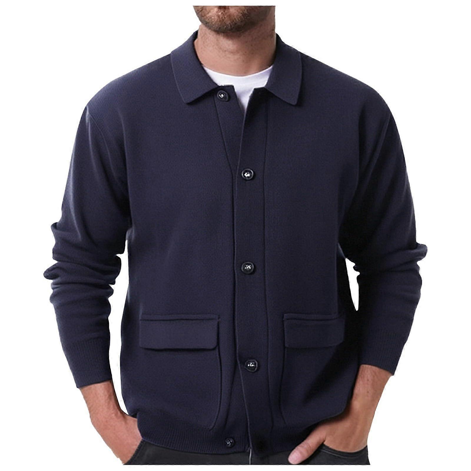 Men's Knitted Cardigan Button Down Warm Jacket Shawl Collar Blue M