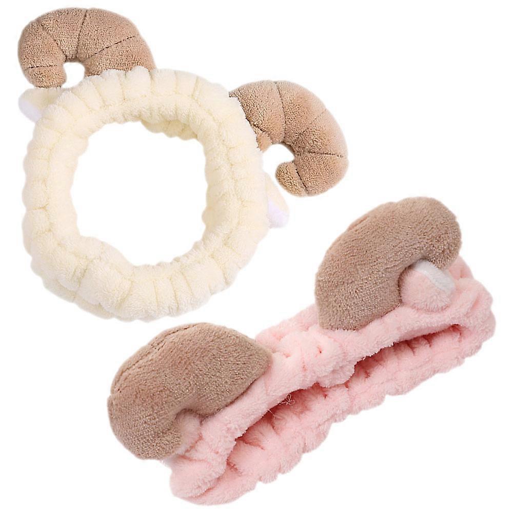 Elastic Hair Band for Washing Face Sheep Horn Shape Beige 2Pcs