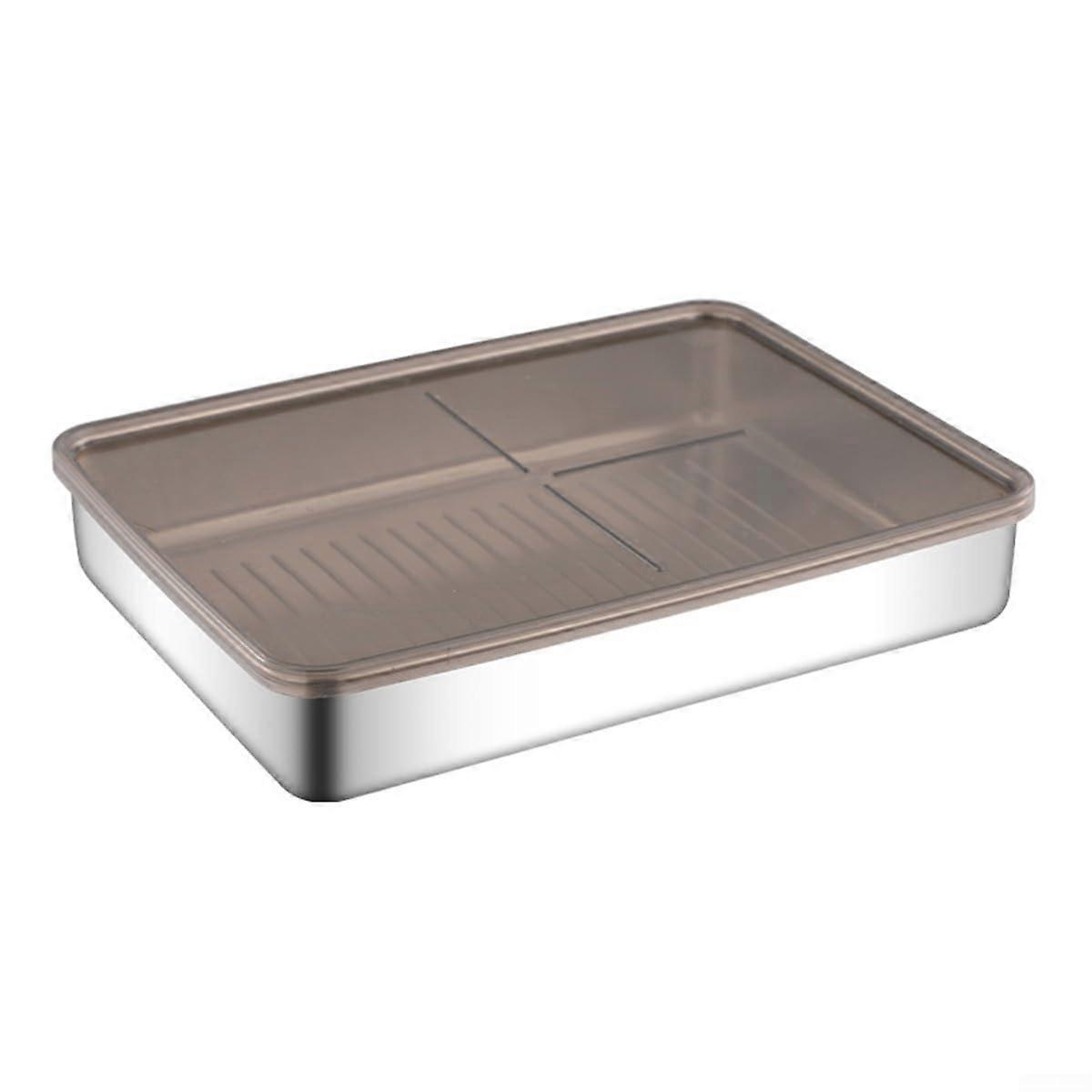 Food Storage Box, Stainless Steel with Airtight Lid, Designed for Refrigerated Meat and Cheese, Elevated Base (26.5 x 19.5 x 4.2 cm)