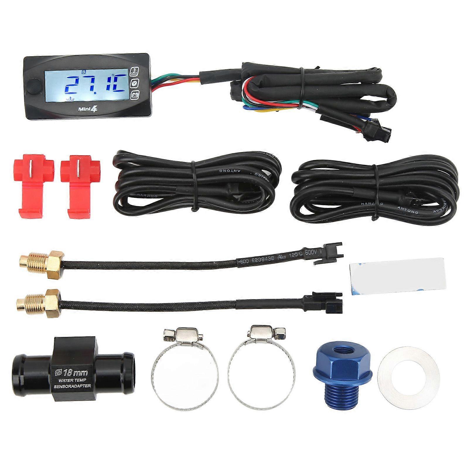 Digital gauge for motorcycle with voltmeter thermometer time display M16x1.5