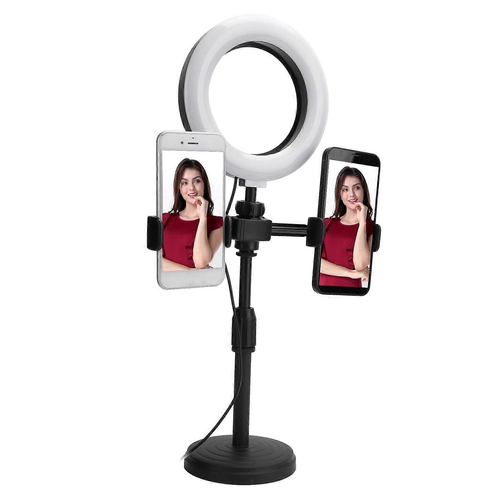 6 Inch LED Ring Light with Stand,Dual Mobile Phone Clip,Adjustable Brightness USB Ring Fill Lamp Bracket,for Live Broadcast Selfie