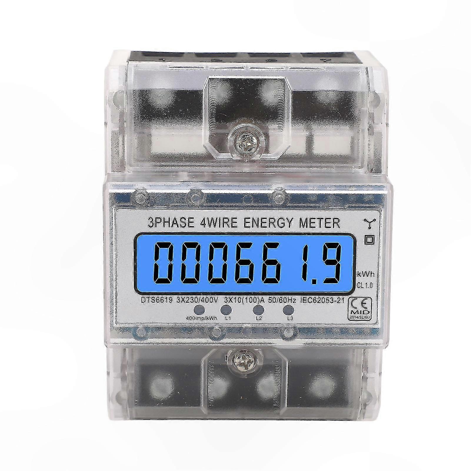 DIN Rail Mounted 3-Phase LCD Energy Meter with Backlit Display, 230/400VAC