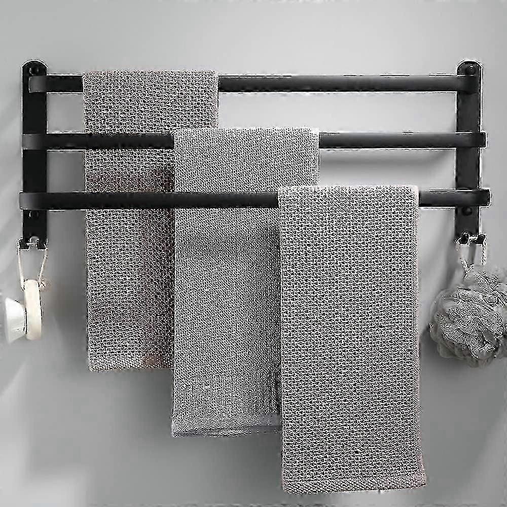 Aluminum 3-Tier Towel Rack with Hooks - 60cm Black, Waterproof for Bathroom, Kitchen Use
