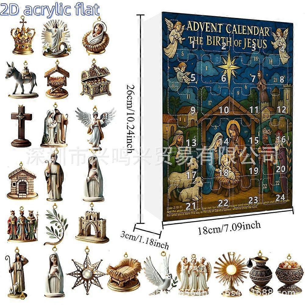 Advent Calendar The Birth of Jesus, 24 Days Countdown with 2D Acrylic Flat Ornaments, Christmas Nativity Scene Decorations, Religious Holiday Countdow