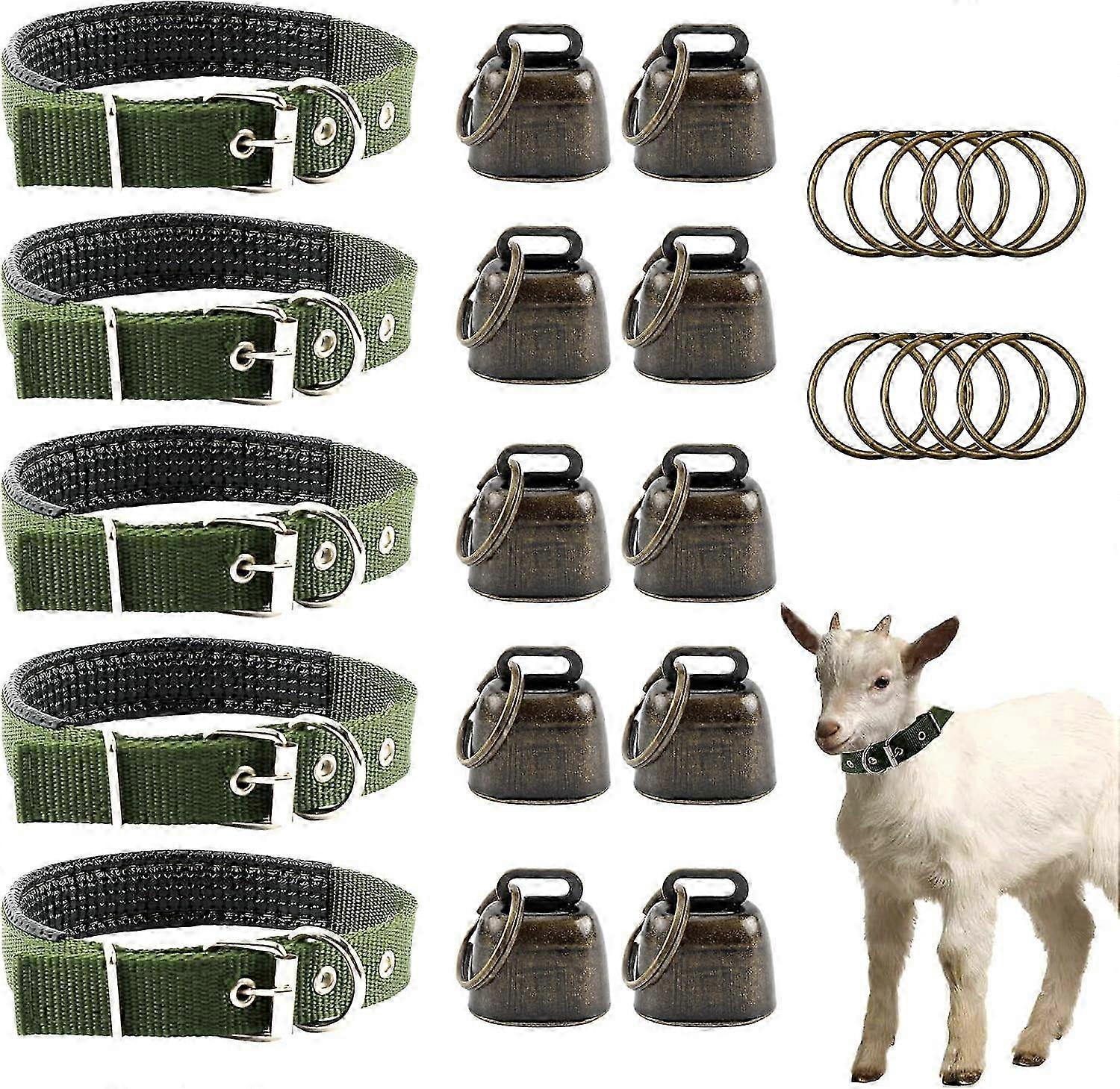 Goat Collars with Bells, 5 Pcs Adjustable Nylon Sheep Collar with 10 Pcs